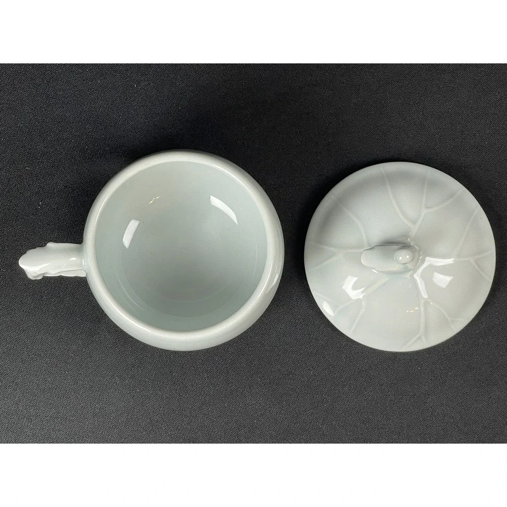 Porcelain Celadon Cabbage Lidded Coffee Tea‎ Cup with Bird Handle Lid Marked